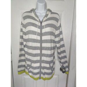 Banana Republic Gray White Striped Full-Zip Hoodie W Greenish Yellow‎ Border L